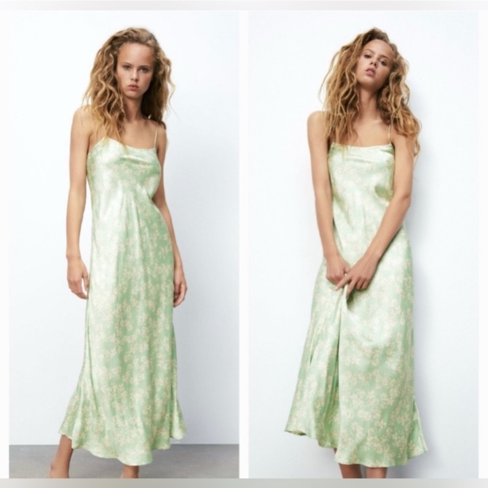 Zara Mint Green White Floral Satin Maxi Dress Formal Resort Y2K Boho Coquette